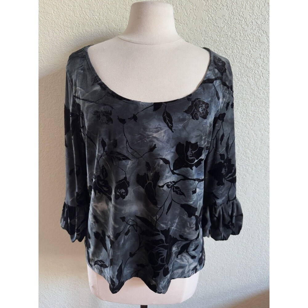 Linda Leal Women Dark Velvet Floral Bell Sleeve Top Sz L Whimsigoth Fairy Grunge